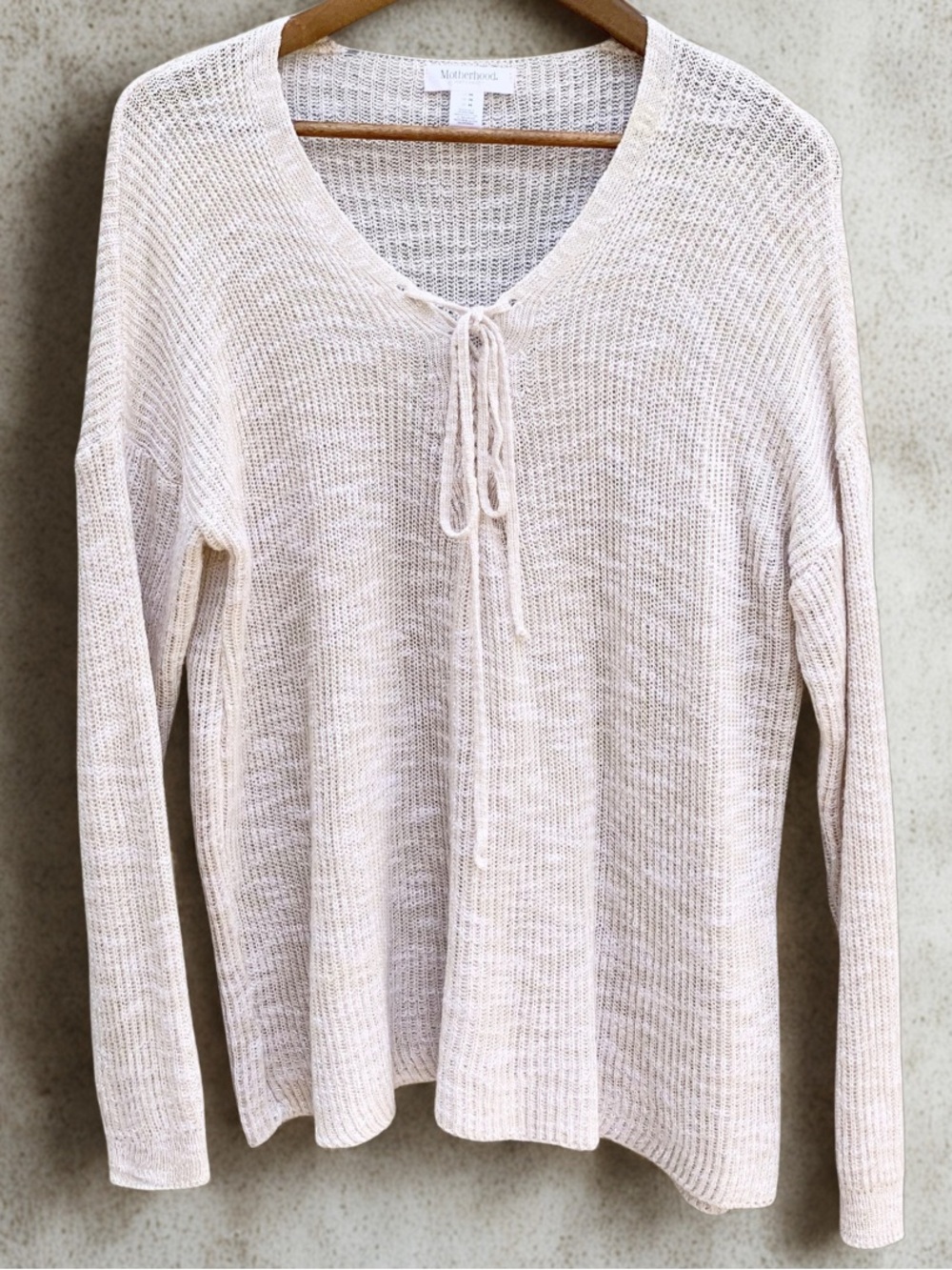 Motherhood Maternity Oatmeal Knit Sweater Women's Tie Neck Lightweight Pullover